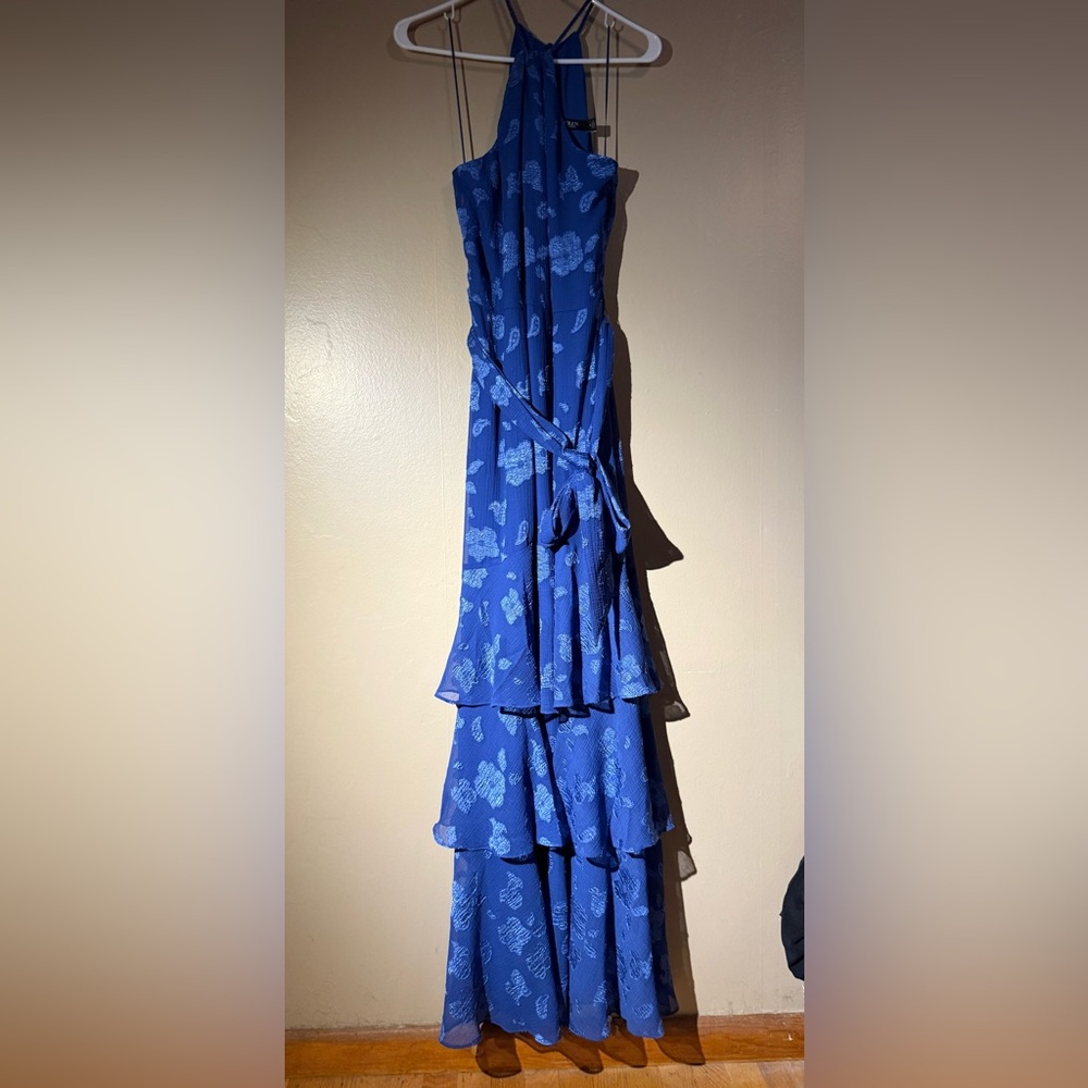 Lauren Ralph Lauren Blue Floral Halter Tiered Maxi Dress with Waist Tie